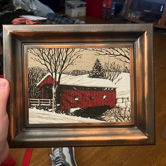 Framed Winter Scene with Red Barn - Picture 1 of 2